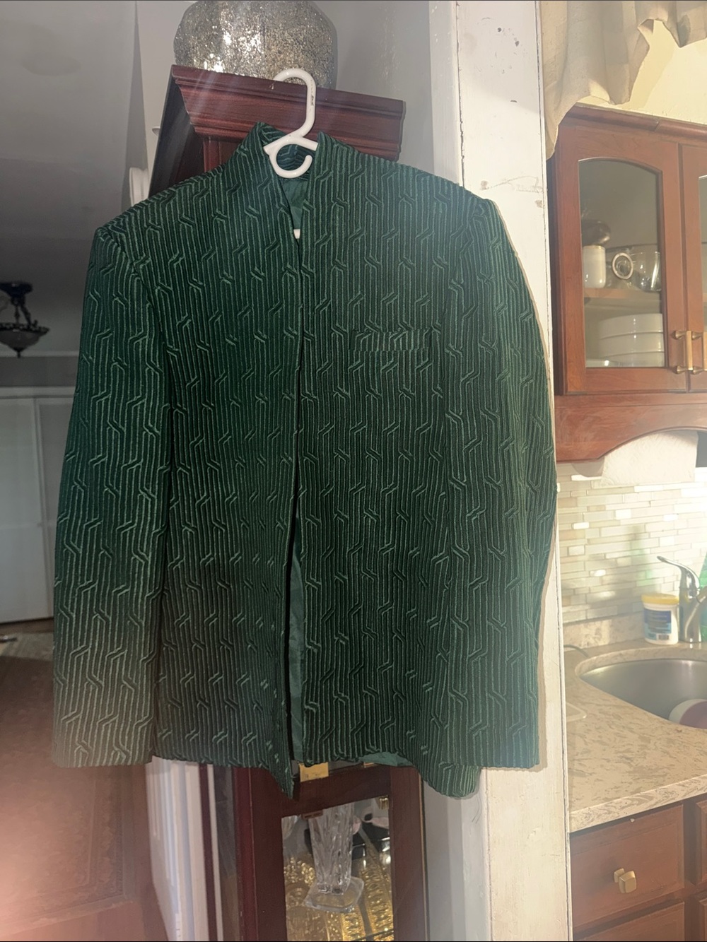 Men's Dark Green Patterned Stand-Collar Blazer